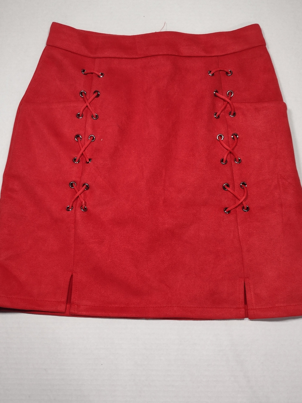 Red Lace-Up Faux Suede Mini Skirt Size Small Y2K